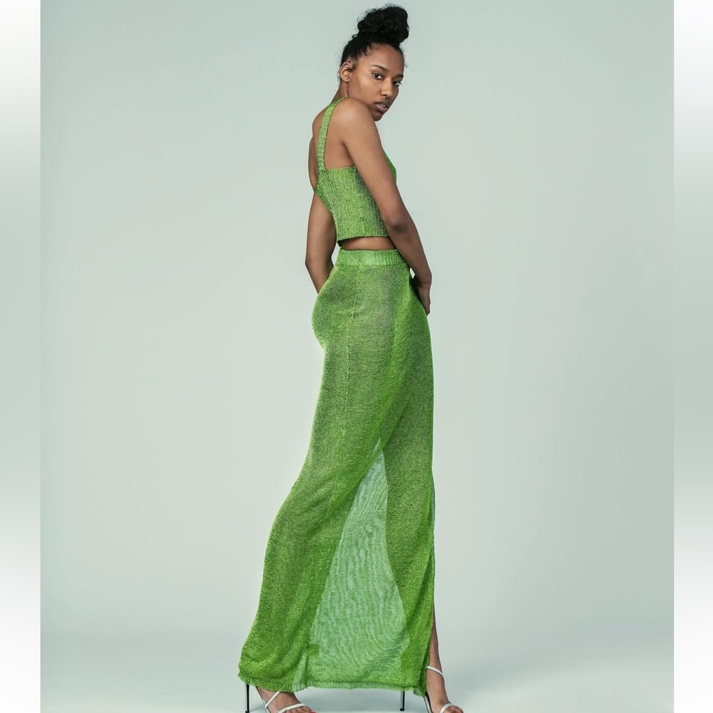 Hanifa Green Metallic Ribbed Crop top and maxi skirt - size XS